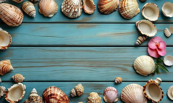 Seashells arranged on a teal wooden background
