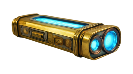 A steampunk USB drive: brass casing with glowing blue ports, white backdrop