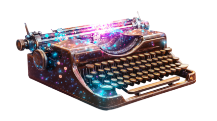 A typewriter with holographic keystrokes floating above it, vintage brown keys, white background