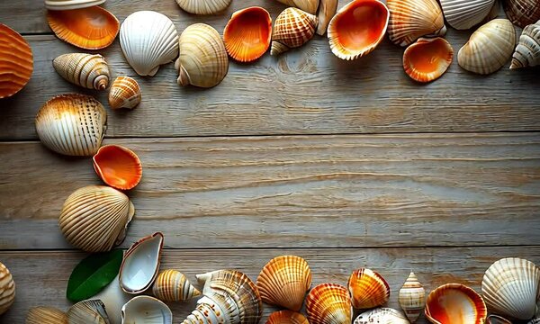 Seashells frame on weathered wood