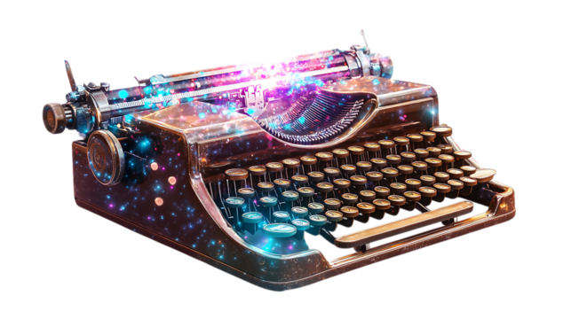 A typewriter with holographic keystrokes floating above it, vintage brown keys, white background