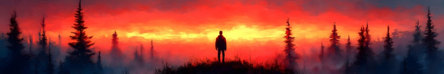 Fototapeta premium Dramatic Sunset Silhouette: An artistic depiction of a breathtaking sunset, with fiery hues painting the sky and silhouettes of structures rising against the horizon.