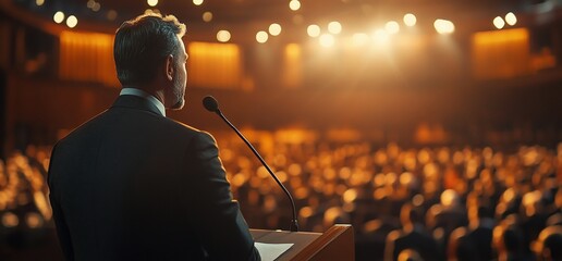 Charismatic orator engaging an eager audience at a distinguished summit