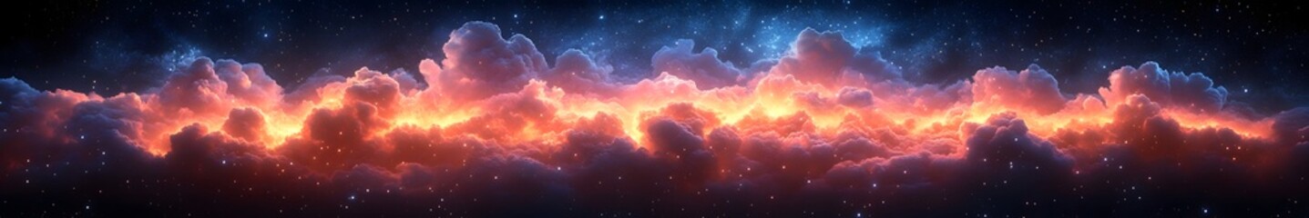 Obraz premium Celestial Flames: An abstract, breathtaking depiction of fiery clouds swirling across the sky. Intense oranges, reds, and blues create a dramatic atmosphere.