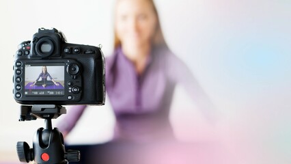 Female vlogger recording sports related broadcast at home remix