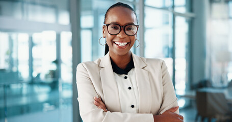 Arms crossed, glasses and portrait of business black woman in office for onboarding or recruitment....