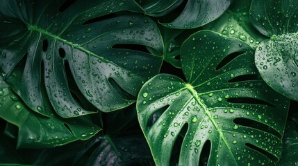 Close-up of lush green Monstera leaves glistening with fresh water droplets in a vibrant botanical setting.