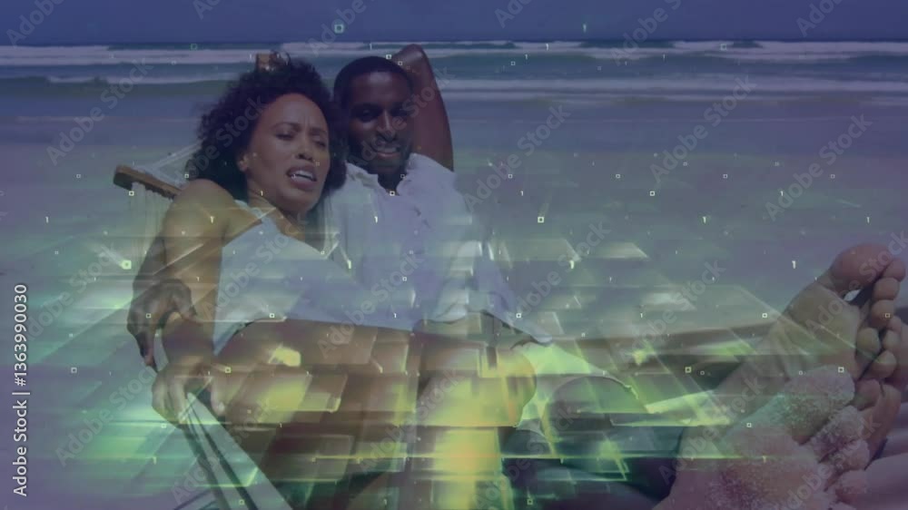 Poster couple relaxing on beach with digital data processing animation overlay