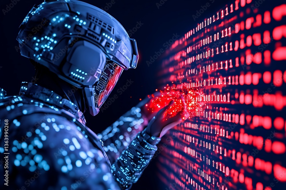 Aufkleber an advanced humanoid interacting with digital data streams in space