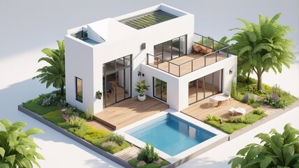 Fototapeta premium A small modern minimalist house isometric perspective,&nbsp;3D model miniature