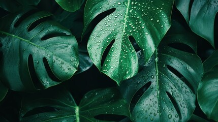 Fototapeta premium Wet monstera leaves offer a lush, green and natural tropical background perfect for design