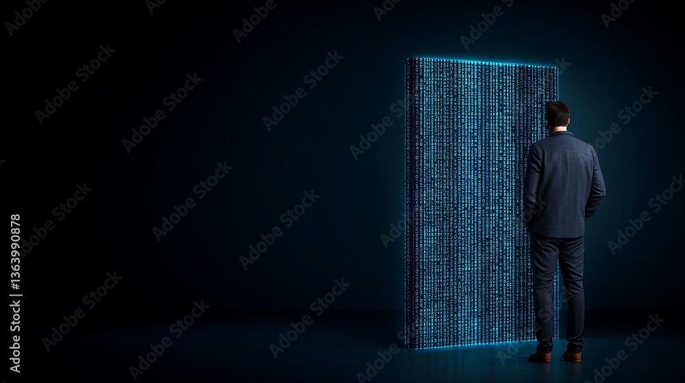 Poster a man gazing upon a glowing wall of binary code