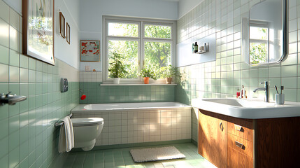 Midcentury modern bathroom design cozy home interior photography bright environment natural lighting retro aesthetic