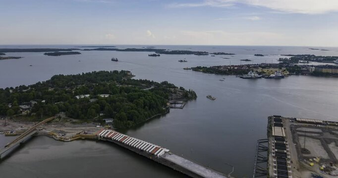 Hyperlapse drone shot over the Nihti and Korkeasaari islands, summer in Helsinki