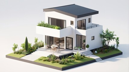 Fototapeta premium A small modern minimalist house isometric perspective,&nbsp;3D model miniature