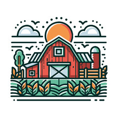 Rustic farm barn with sunset background vector logo illustration