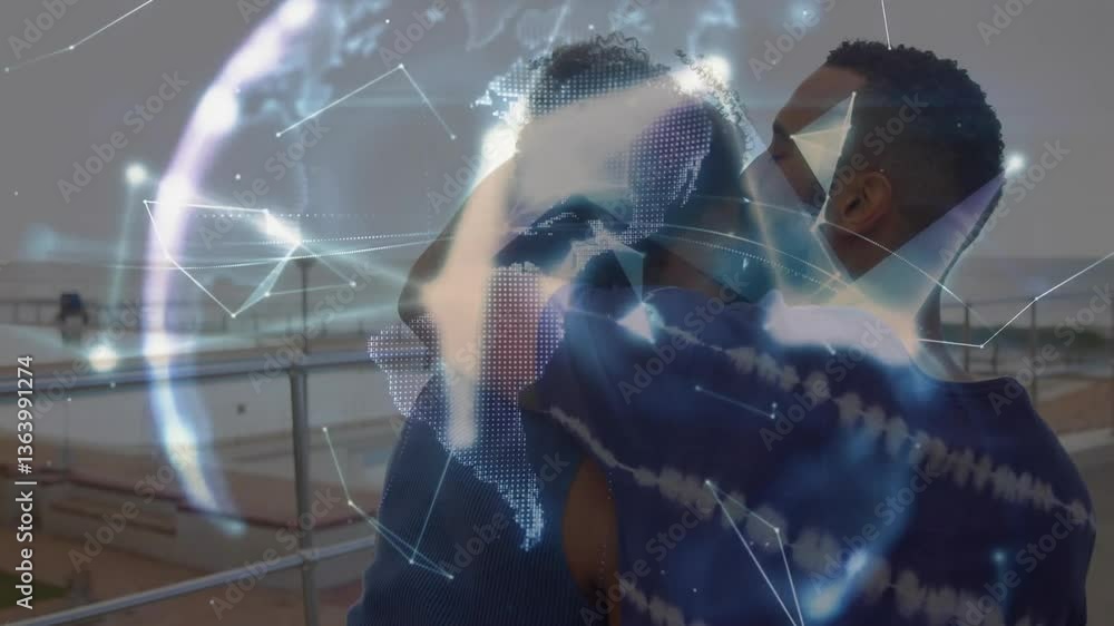 Aufkleber embracing couple with digital globe and network connections animation in background