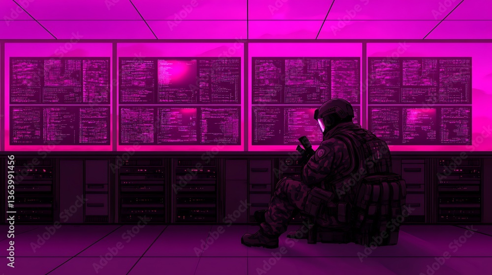 Poster a soldier sits observing data displayed on computer monitors