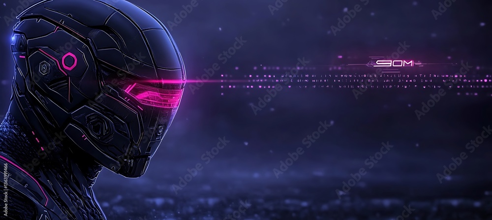Poster futuristic robot helmet displaying data in a cyberpunk science fiction scene