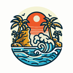 Beautiful tropical beach sunset with palm trees vector illustration