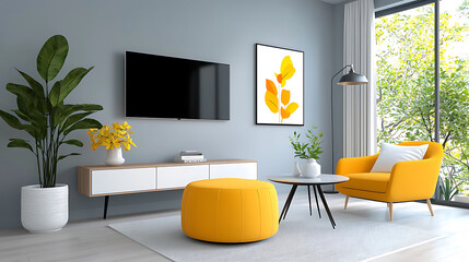 Stylish living room design featuring vibrant yellow wall art and modern furniture contemporary home interior decor bright and inviting atmosphere