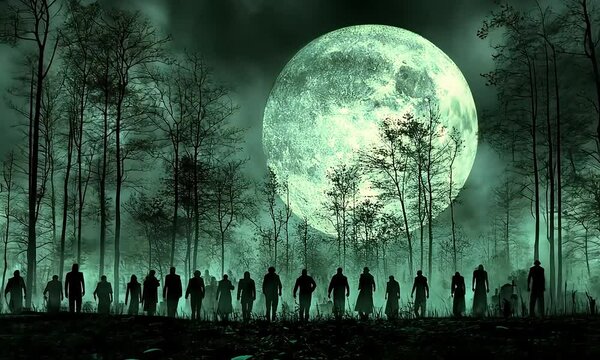 Silhouette of a large group of figures walking through a misty forest at night under a large moon