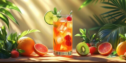 Refreshing tropical cocktail served with fresh fruits in a sunlit setting with vibrant greenery