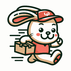 Adorable running bunny courier with a delivery box vector mascot logo illustration