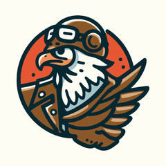 Strong eagle wearing aviator goggles and pilot uniform vector mascot logo illustration