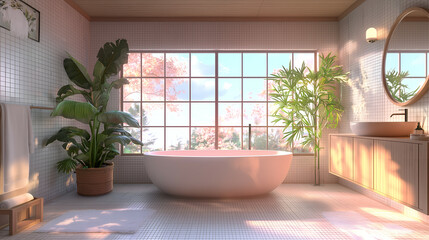 Fototapeta premium Modern Bathroom Interior Design: Luxury Bathtub with Blooming Greenery and Natural Light