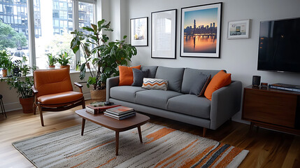 Cozy living room with gallery wall and stylish furniture urban apartment interior design modern environment warm viewpoint