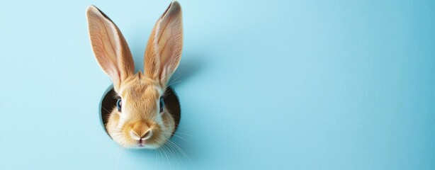 Obraz premium Adorable rabbit head sticking out from a hole in pastel blue background, leaving space for text. Great for Easter, kids’ products, or cheerful seasonal promotions