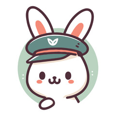 Adorable white bunny in a military cap vector mascot illustration