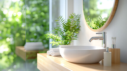 Fototapeta premium Serene japanese-style bathroom with wooden fixtures nature-inspired design modern aesthetics tranquil environment elegant viewpoint