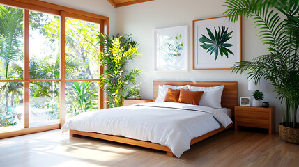 Japanese-inspired bedroom design with sliding floor bed indoor garden view modern aesthetic natural lighting tranquil atmosphere for relaxation