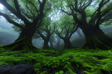 Fototapeta premium Majestic forest scene featuring large trees and dense green undergrowth