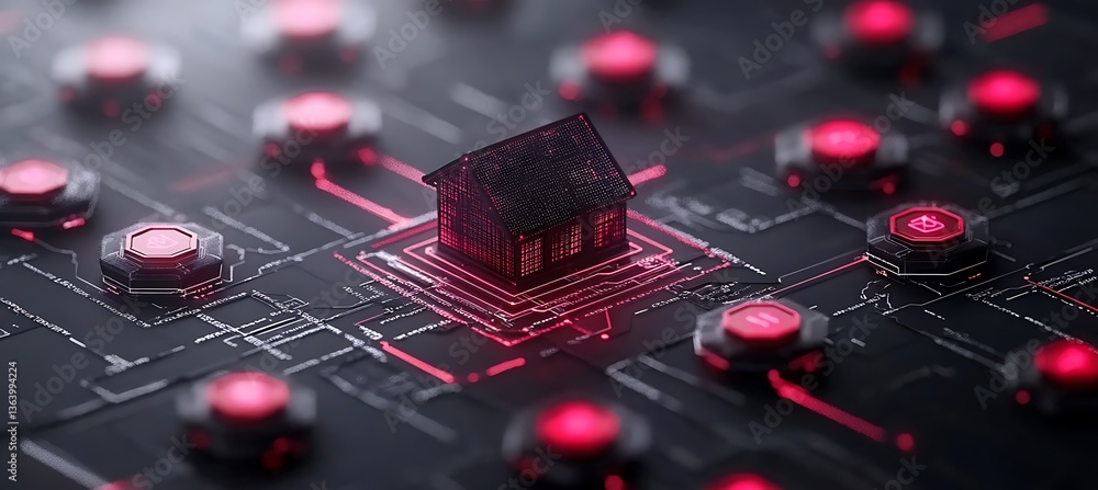 Poster a miniature house embedded on a circuit board network