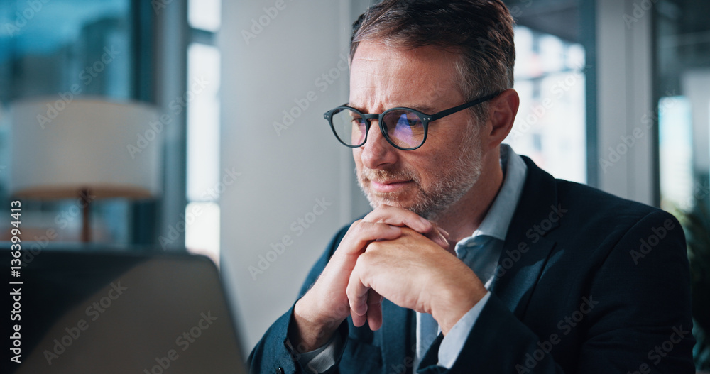 Poster business, thinking and man in office, laptop and internet with problem solving, network and decision