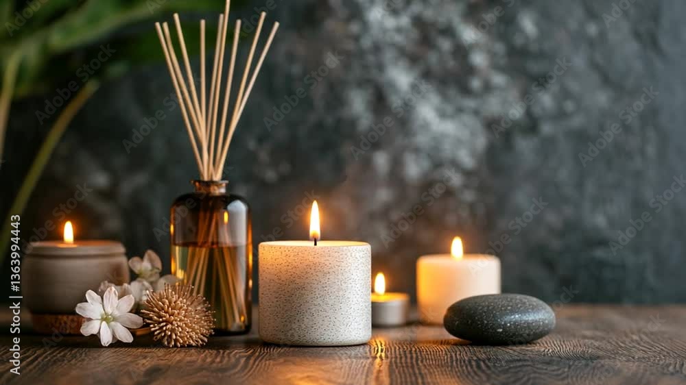 Poster cozy spa salon with candles and reed diffusers generative ai