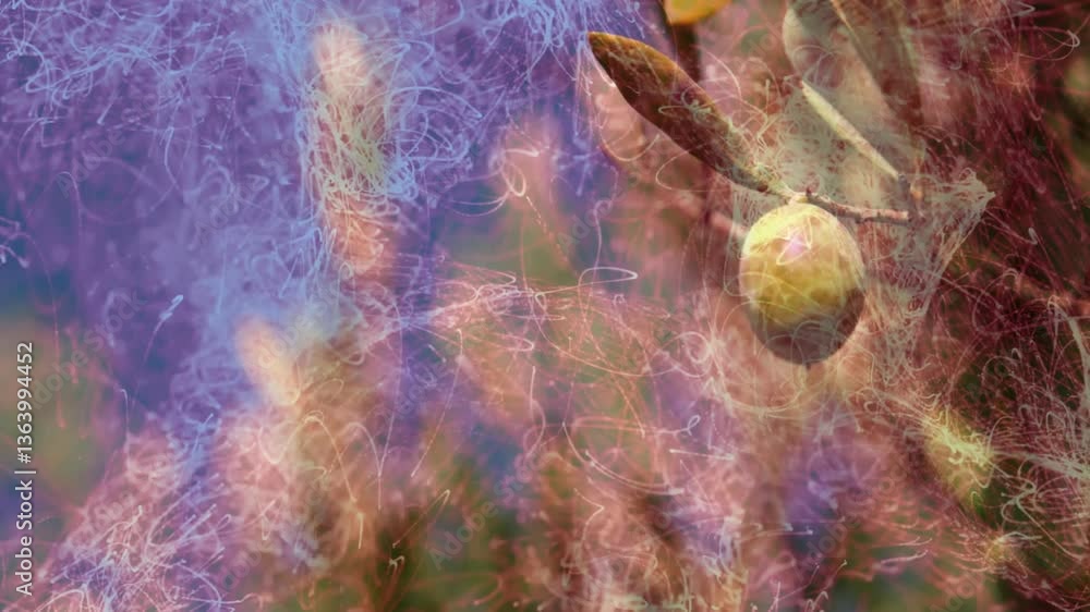 Poster colorful animation of light trails surrounding olive branch in nature setting