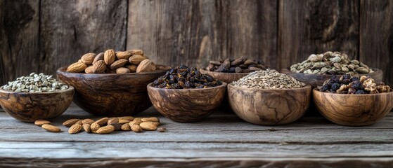 Fototapeta premium Organic Dried Fruits, Nuts, and Seeds in Wooden Bowls on a Dark Background