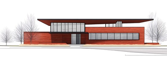 A modern brick building with a large overhanging roof structure