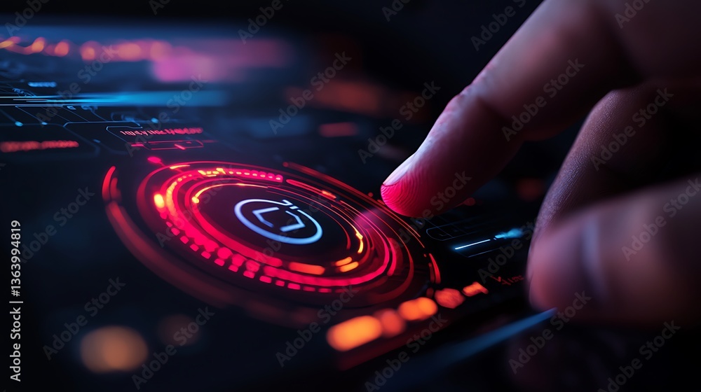 Poster a fingertip interacts with futuristic illuminated digital interface details