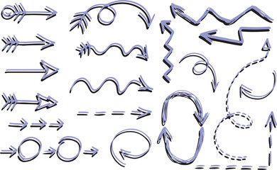 set of blue line arrows with feathers with shadows in grunge style hand drawn, arrow swirl, wavy arrows, growth arrows, dotted arrows