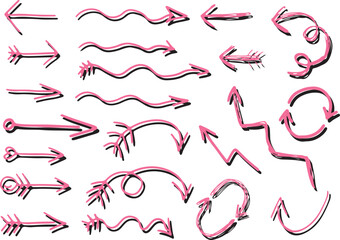set of pink line arrows with feathers with shadows in grunge style hand drawn, arrows swirl, wavy arrows, growth arrows