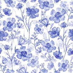 Obraz premium Floral background, seamless pattern watercolor blue anemone flower graphic