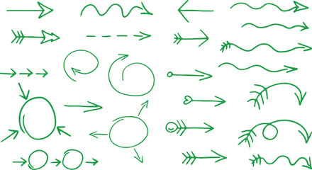 set of green grunge line arrows hand drawn, spiral arrows, wavy arrows, feathered arrows, arrows with circle