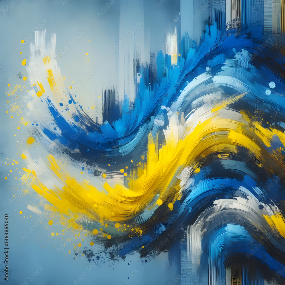 Poster abstract brushstrokes of blue and yellow hues create a dynamic and flowing composition with a sense 