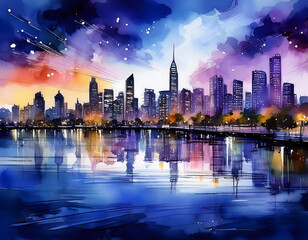Obraz premium A watercolor painting of a city skyline at dusk, reflecting in a calm body of water with a colorful sky