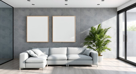 Minimalist Living Room: Gray Sofa, Blank Posters, and Natural Light.